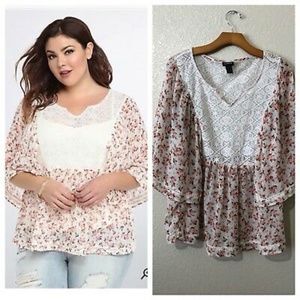 TORRID FLORAL CHIFFON WITH LACE YOKE TOP